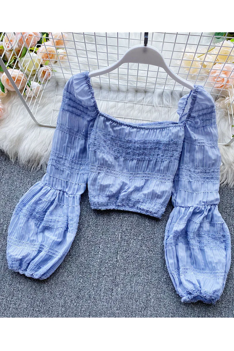 

Elegant Long Puff Sleeve Chiffon Blouse Shirt Vintage Square Collar Fashion Women Crop Tops Romantic Pink Shirt Blusas 2021