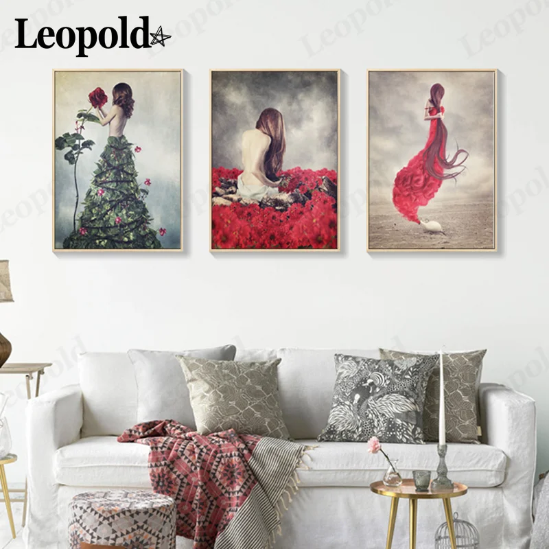 

Abstract Character Canvas Poster Beautiful Rose Flower Girl Painting Wall Art Modern Nordic Living Room Home Decoration