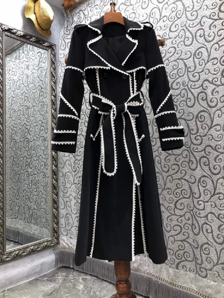 

Top Quality New Long Coat Outerwear 2021 Autumn Winter Trench Women White Lace Color Block Belt Deco Long Sleeve Black Overcoats