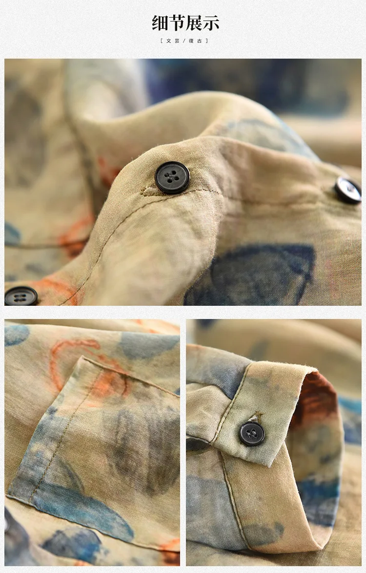 

Women Blouse Floral Printed Natural Ramie Button Up Casual Shirts Tops Summer