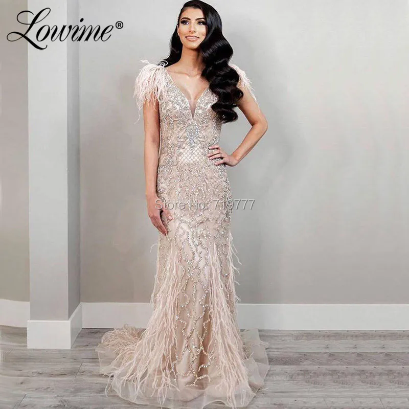 Feather Arabic Beaded Crystals Evening Dress V Neck Prom Dresses 2020 Celebrity Pageant Party Dresses Aibye Dubai Formal Dresses