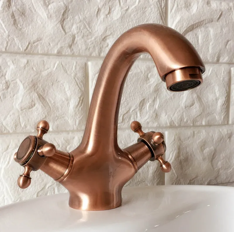 

Antique Red Copper Brass Single Hole Deck Mounted Double Handles Bathroom Vessel Basin Sink Faucet Mixer Water Taps mnf390