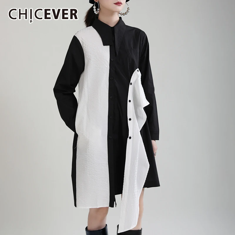 

CHICEVER повседневное прямое платье для женщин с отложным воротником и длинным рукавом в стиле пэчворк с цветными блоками средней длины женски...