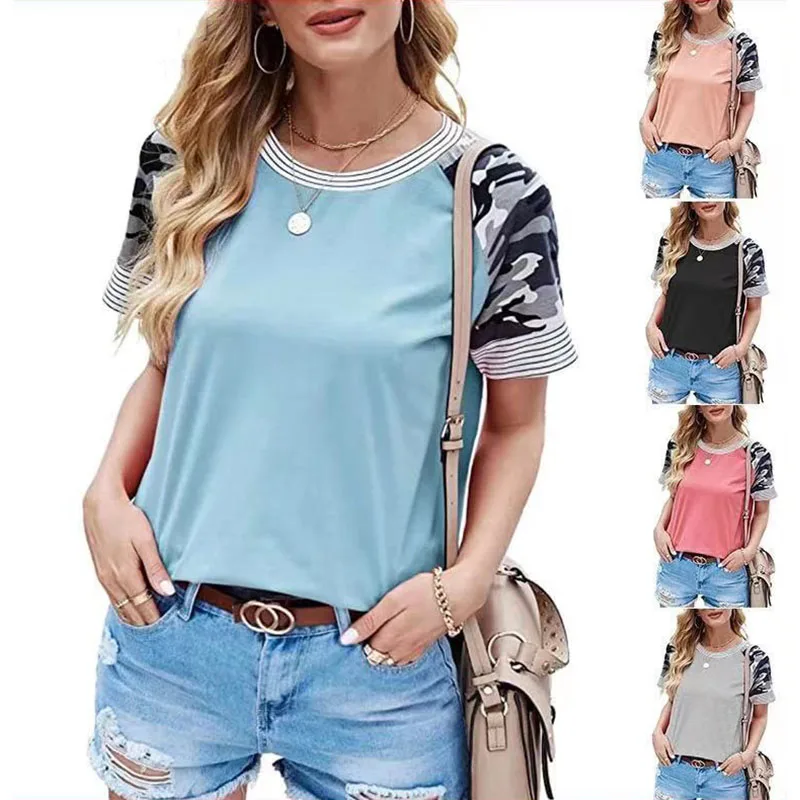 

Bikoles 2021 Summer Casual Short Sleeve Women's Tops T Shirt New Fashion O Neck Patchwork Print Loose Plus Size Ladies T Shirt
