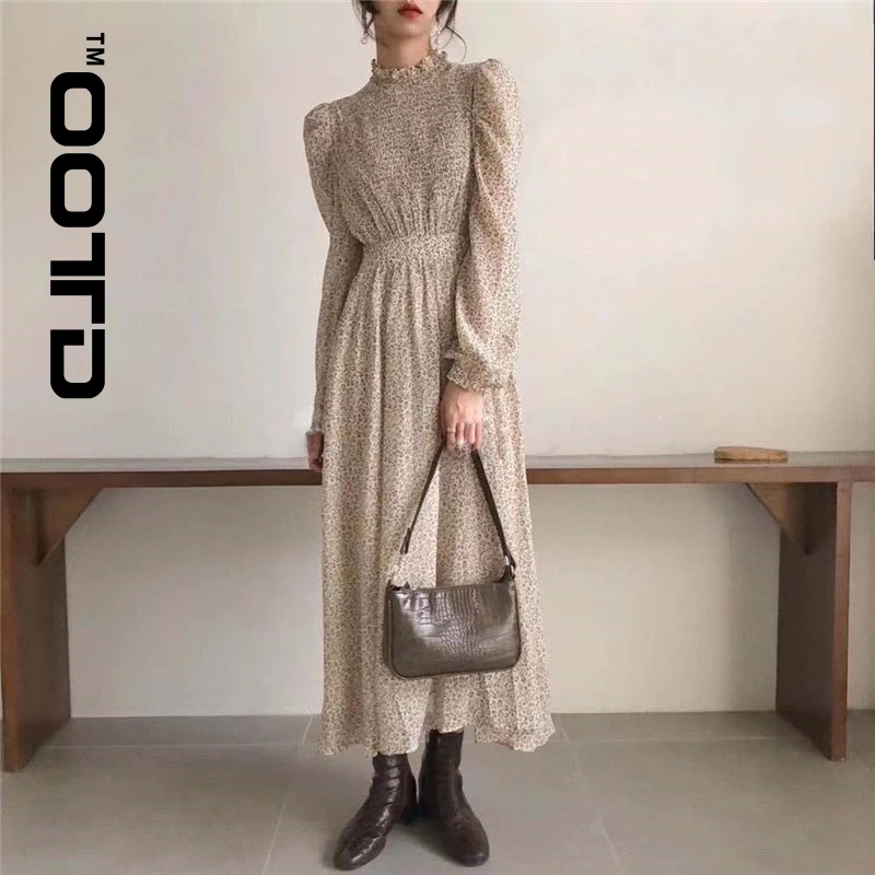 

OOTD Palace Style Retro Chic 2021 NEW Office Lady Elegant Print A-Line Floral Gentle Full-Sleeved Waist-Controlled Long Dresses