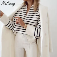 msfancy knitted pullover women vintage black and white plaid long sleeve sweater 2021 mujer chic v neck casual knitted tops