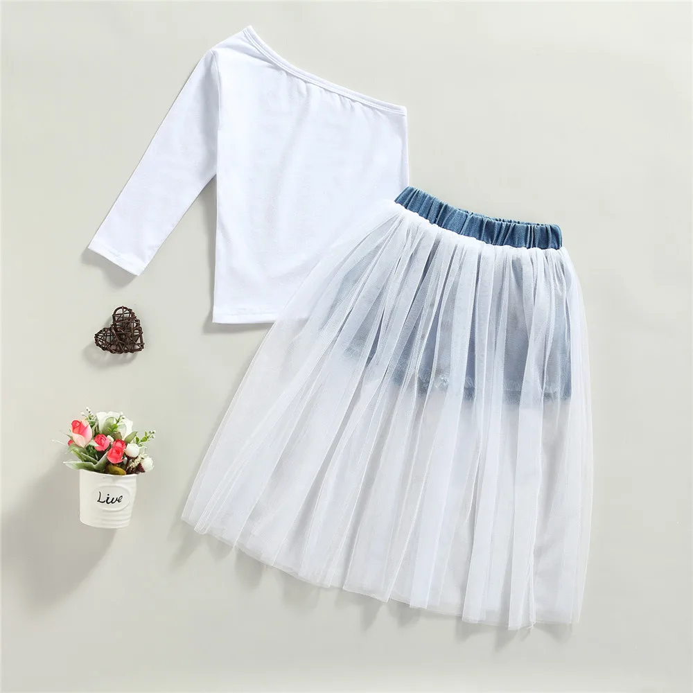 

2 Pcs Toddler Girls Casual Outfits, Baby Girls One-shoulder Pullover + Mesh Patchwork Denim Shorts Girls Fashion Clothing Set