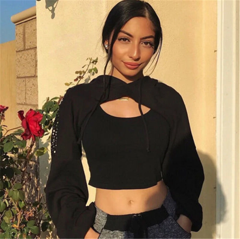 

Hirigin Women Fashion Fish Net Hooded Sweatshirt Crop Patchwork Long Sleeve Black Short Hooded Pullover Hoodies Streetwear