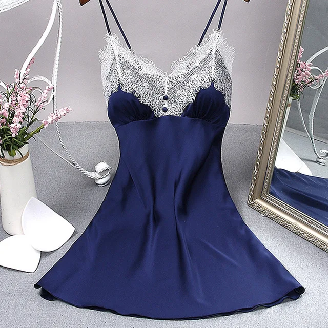

2020 Women Satin Nightgowns Lace Sleepshirts Nightshirts Sleepwear Sexy Lingerie Spaghetti Strap Silk Sleeveless Nightdress