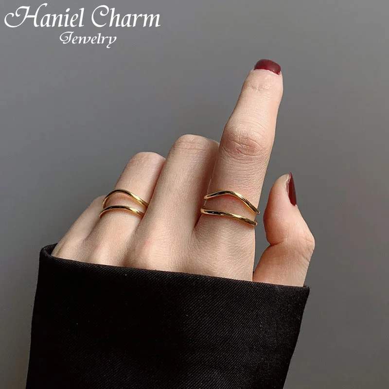 

hot sale 925 Sterling Silver Charm Rings for Women Couples New Fashion Gold Plated Double-layered Curve Party Jewelry Gifts