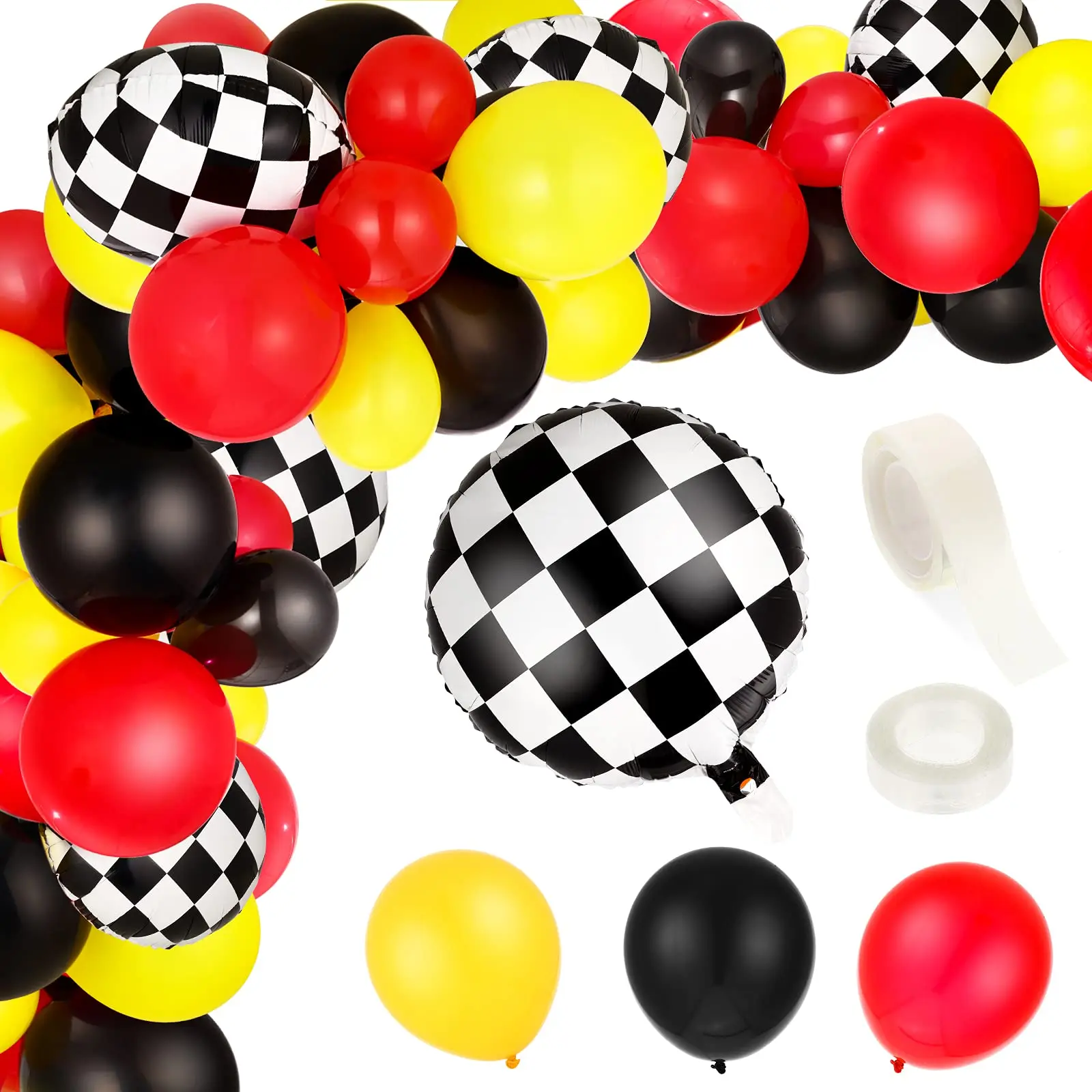 

83pcs Racing Car Balloons Arch Kit Set For Kids Birthday Baby Shower Decoration Checkered Foil Balloon Glue Dots Roll Tape