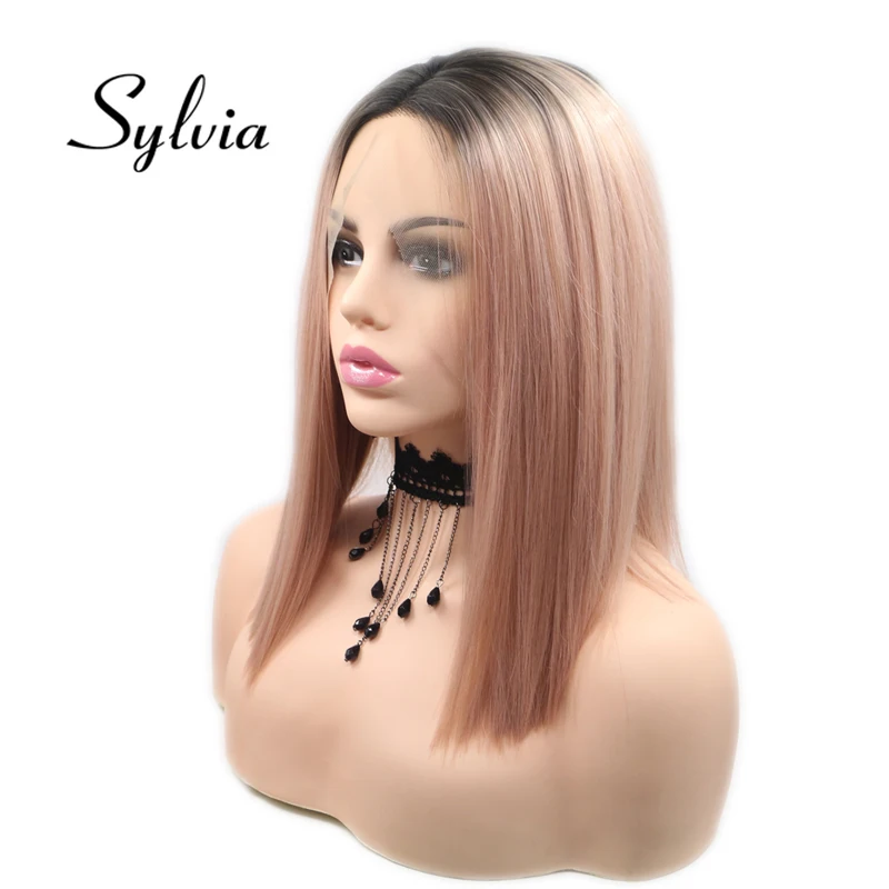 Sylvia розовый короткий прямой парик из синтетического кружева с темными корнями