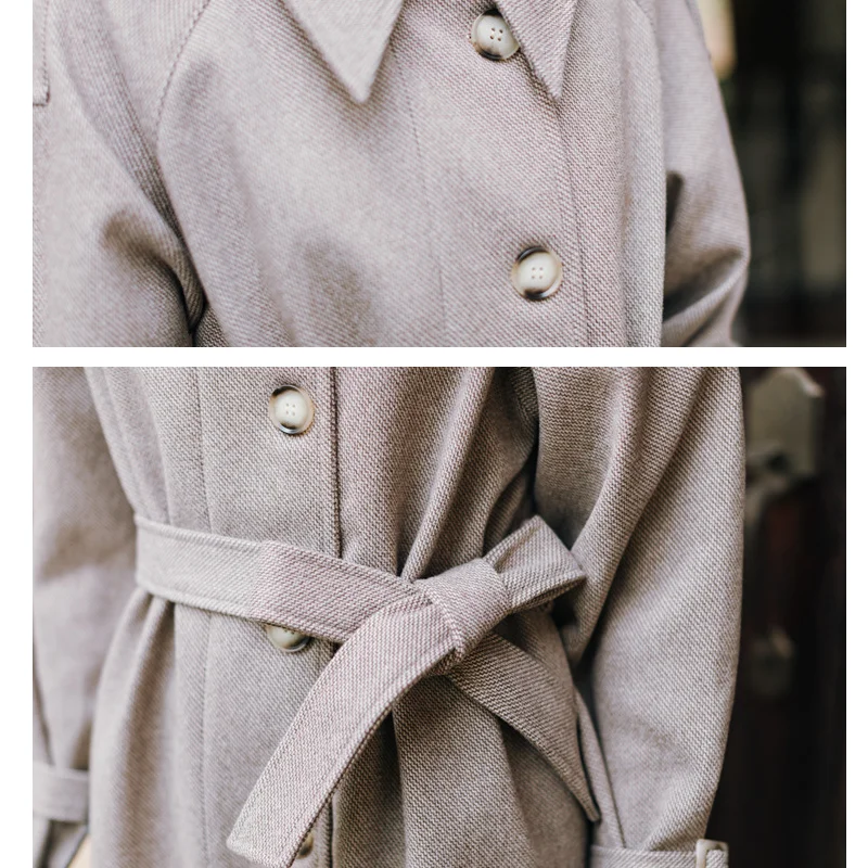 

Autumn Winter New Woolen Coat Elegant Women's Mid-length Fashion Long Sleeve Loose Turn Down Collar Belt Chic Vintage Female