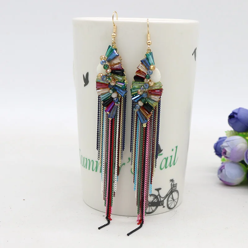 Серьги-подвески с кристаллами женские длинные висячие украшения в богемном