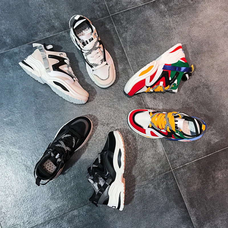 Массивные кроссовки унисекс кожаная сетчатая обувь на платформе толстая подошва