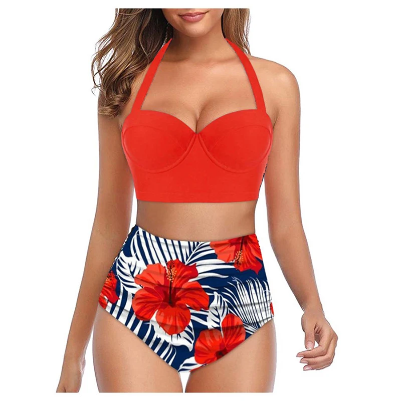 

Women High Waist Bikini Set Plus Size Sexy Push Up Swimsuits Sunflower Vintage Halter Backless Swimwear Bathing Swimming Suit