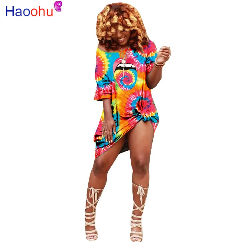 

Модное платье-футболка HAOOHU с принтом губ, женское платье-футляр с воротником-лодочкой и коротким рукавом, Летнее мини-платье на одно плечо с ...