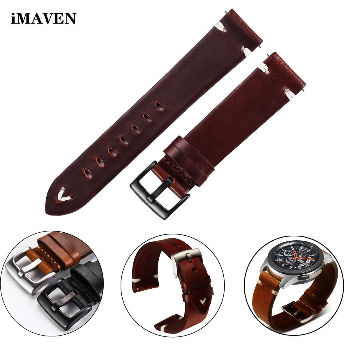 Leather Watchband Strap 18mm 20mm 22mm Quick Release Watch Strap Belt Cowhide Handmade Black Dark Brown Vintage Oil Wax Leather