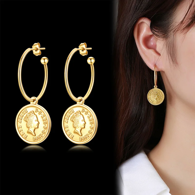 

Chic Elizabeth Coin Hoop Earrings Women Lady Party Gift,Stainless Steel Round Drop Dangle Ear Jewelry