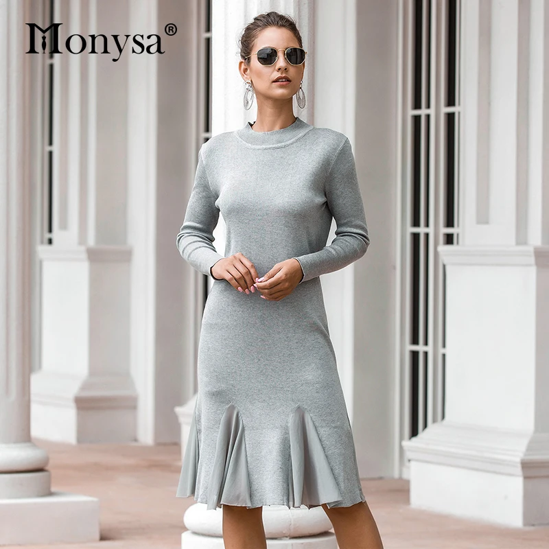 Женское трикотажное платье с длинным рукавом серое повседневное свободное до