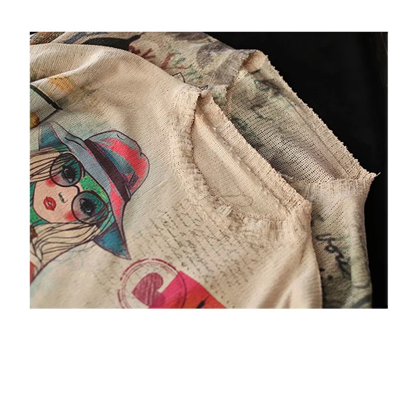 

New Long Sleeve Large Size Pullover Female Retro Patchwork Cartoon Printing Women Sweaters Loose Autumn Winter O Neck Tops