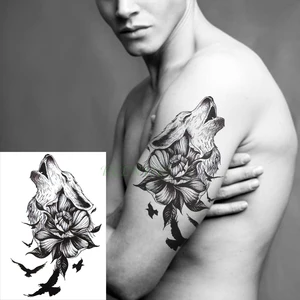 Водостойкая временная татуировка-наклейка, Волчья Голова, птица, животное, цветок, тату, черная флэш-тату, искусственная Большая татуировка для мужчин и женщин