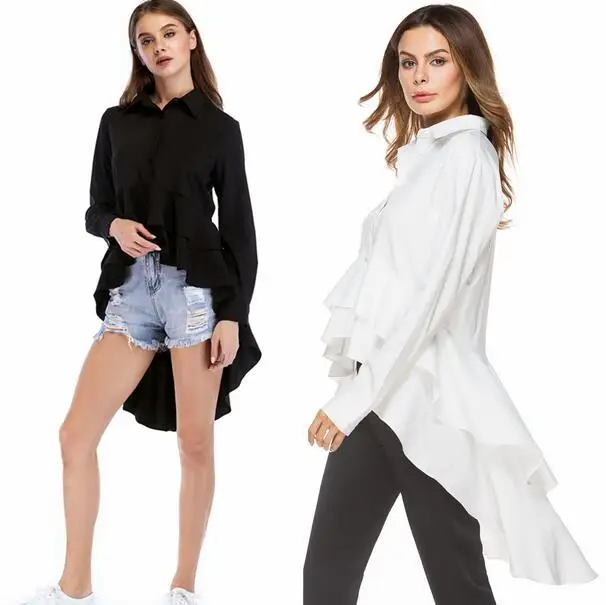 Black Cascading Ruffle Shirt Women 2020 Spring Autumn Lapel Top Female Long Sleeve Vintage High Low Blouse DW27 | Женская одежда