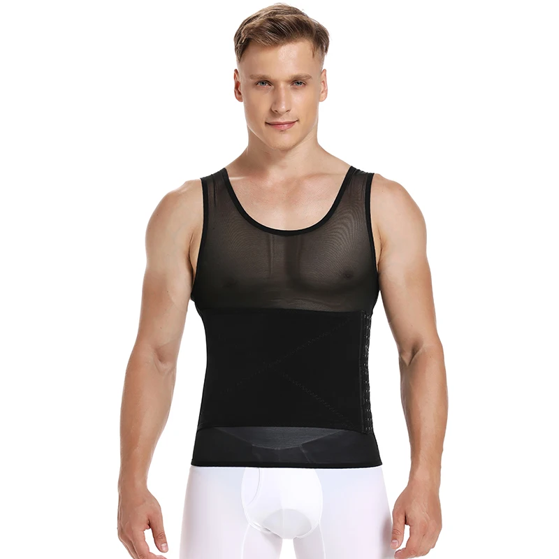 Black Vest With Belt Мужской корректирующий пояс для похудения, компрессионное Корректирующее белье, рубашки, пояс, жилет для талии, тренажер для живота, тонтрол, Abdo, Мужская майка, мужской корсет - Цвет: Black Vest With Belt