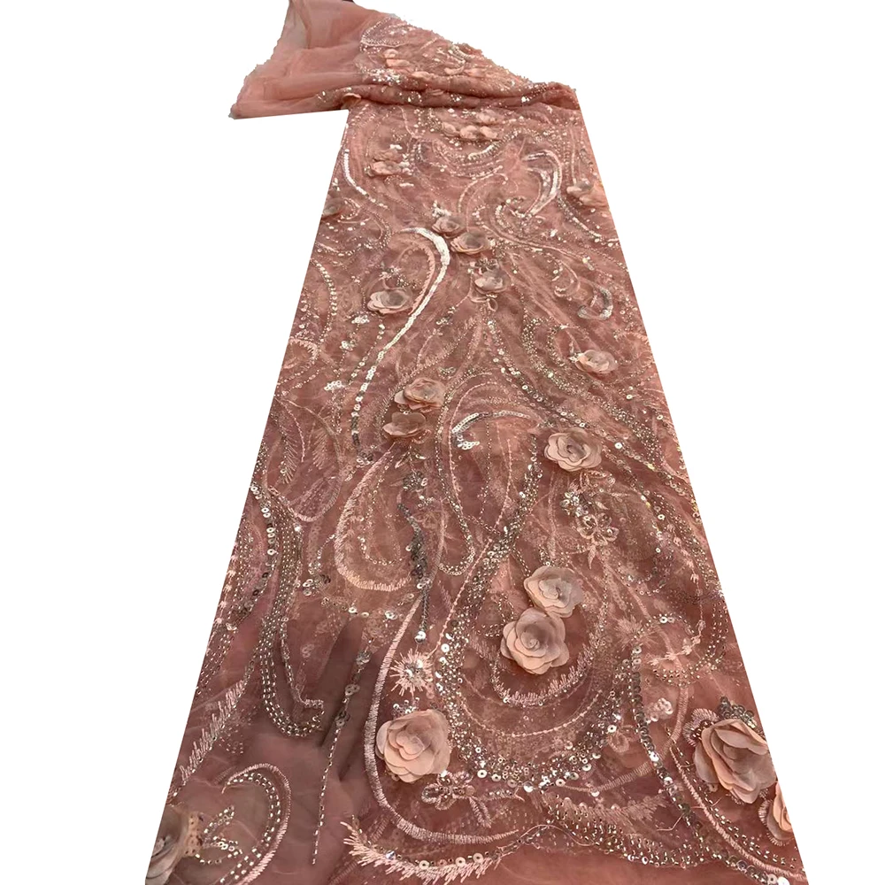 

High Quality 3D Flower Lace Fabric With Sequins Sewing Women Dress French 3d Embroidery Lace Fabric