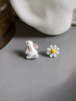 s925 needle new asymmetrical stud earrings new design cute white rabbit sweet flower earrings for girl student party gifts