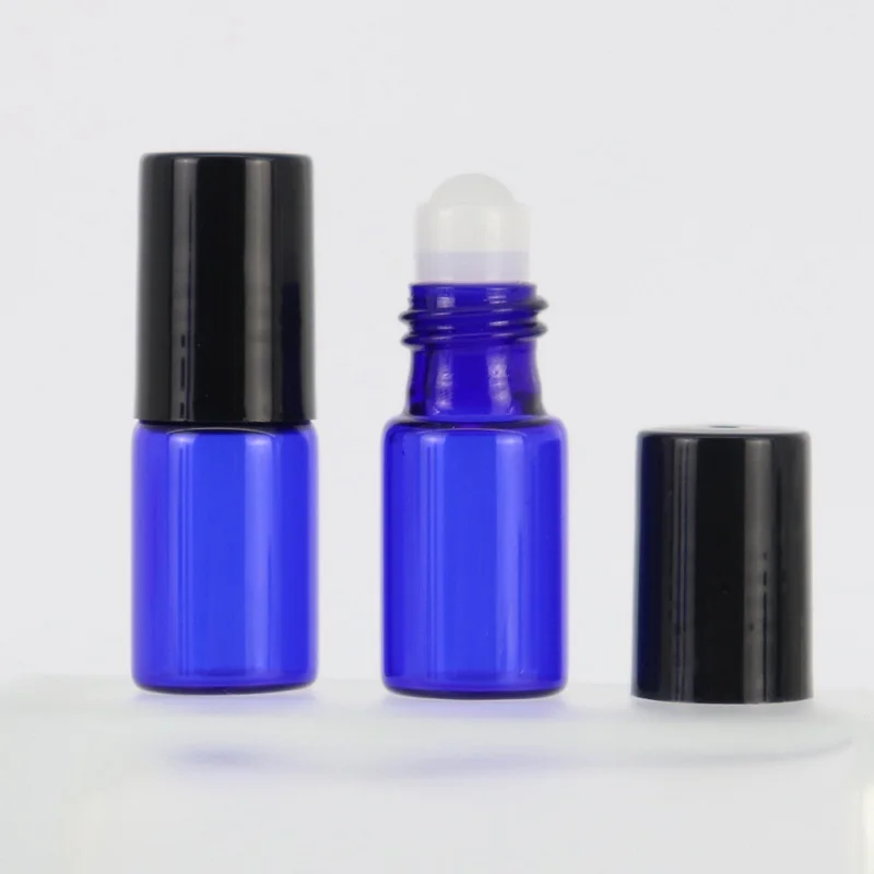 100pcs/lot 1ml  3ml 5ml 10ml Blue Glass Roll on Bottle with Metal Ball Refillable Cosmetic Glass Roller Essential Oil Vials