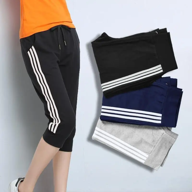 

Joggers Women Sweatpants Summer Capris Pants Side Striped Elastic High Waist Sport Casual Calf Length Trousers Plus Size Y2K