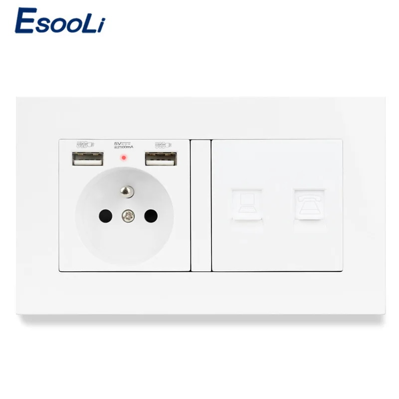 Пластиковая панельная розетка ESOOLI французский стандарт 2 USB-порта для зарядки RJ45