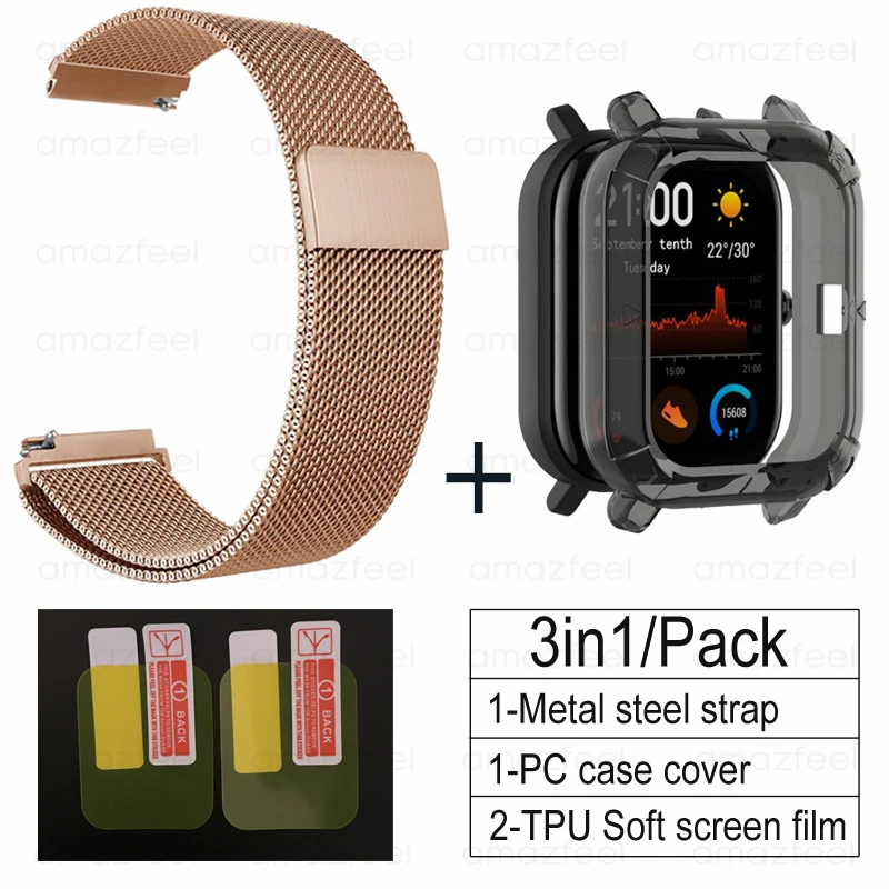 rose gold-black 3в1 Для Amazfit GTS ремешок+ ТПУ чехол для Huami Amazfit gts Smartwatch Защитная пленка для экрана браслет ремешок на запястье - Цвет: rose gold-black