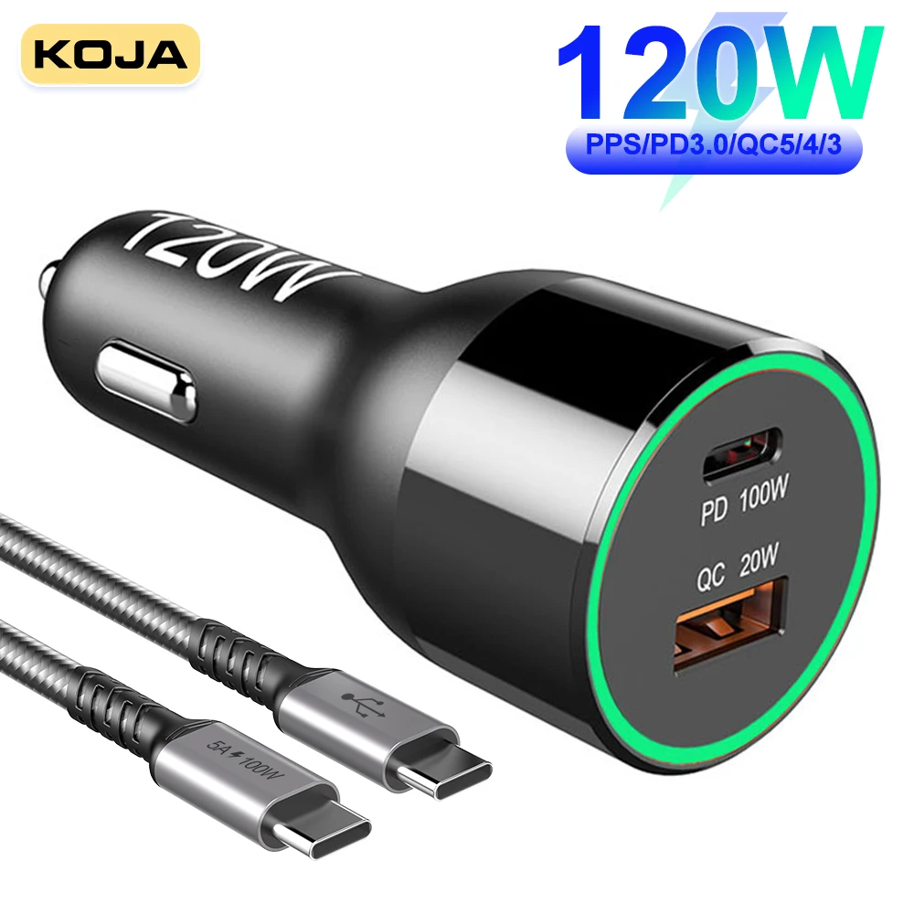 

Автомобильное зарядное устройство с 2 портами USB C, 120 Вт, PPS/PD 65/45/30/20/18 Вт, быстрая зарядка 3,0 Для IPhone 12, Samsung, Xiaomi, телефона, TYPE C, ноутбука, планшет...