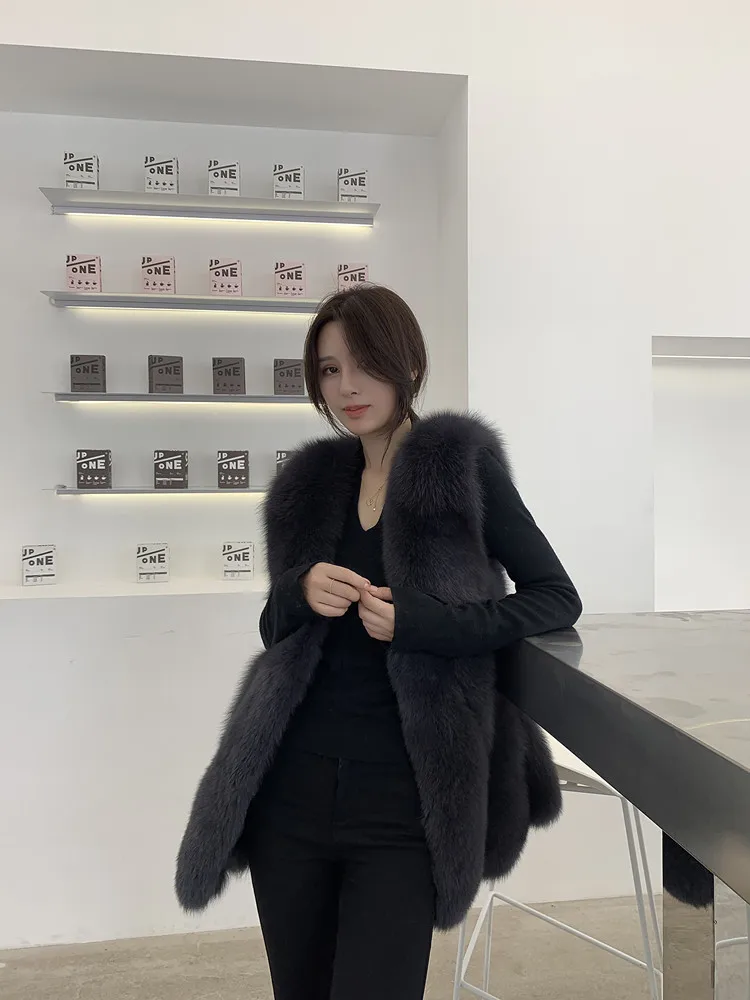 Real Fur Vest Women Winter Thick Warm Fashion Long Natural Fox Fur Vests Sleeveless Jacket Coats Female Ladies Waistcoat Veste