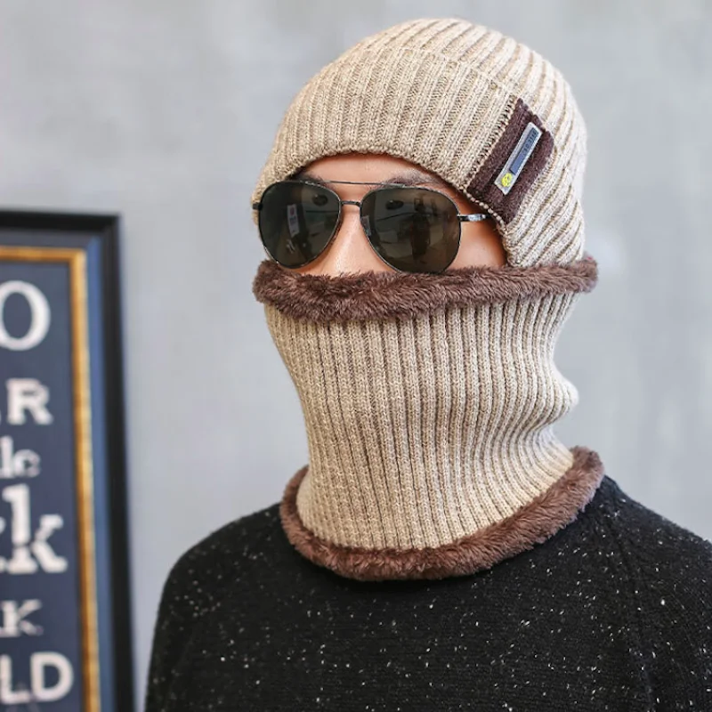 Мужская зимняя шапка шарф теплая вязаная с бархатной полосатой теплой вязкой