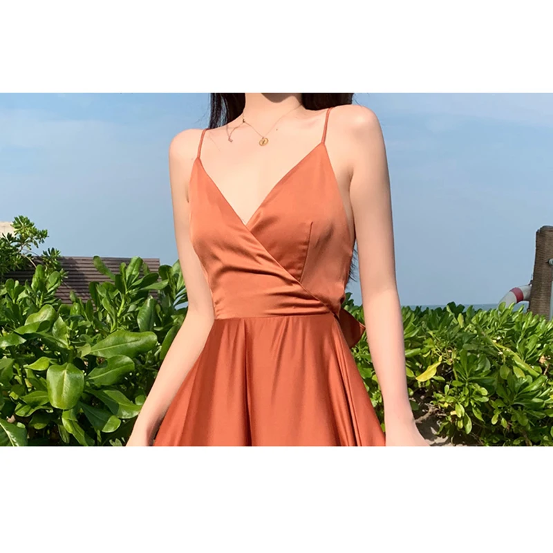 

High Waist Dress Women Spaghetti Strap A-Line Pleated Vestidos Big Hem Sexy Fashion Solid Summer Beach Style Dresses Girls S-L