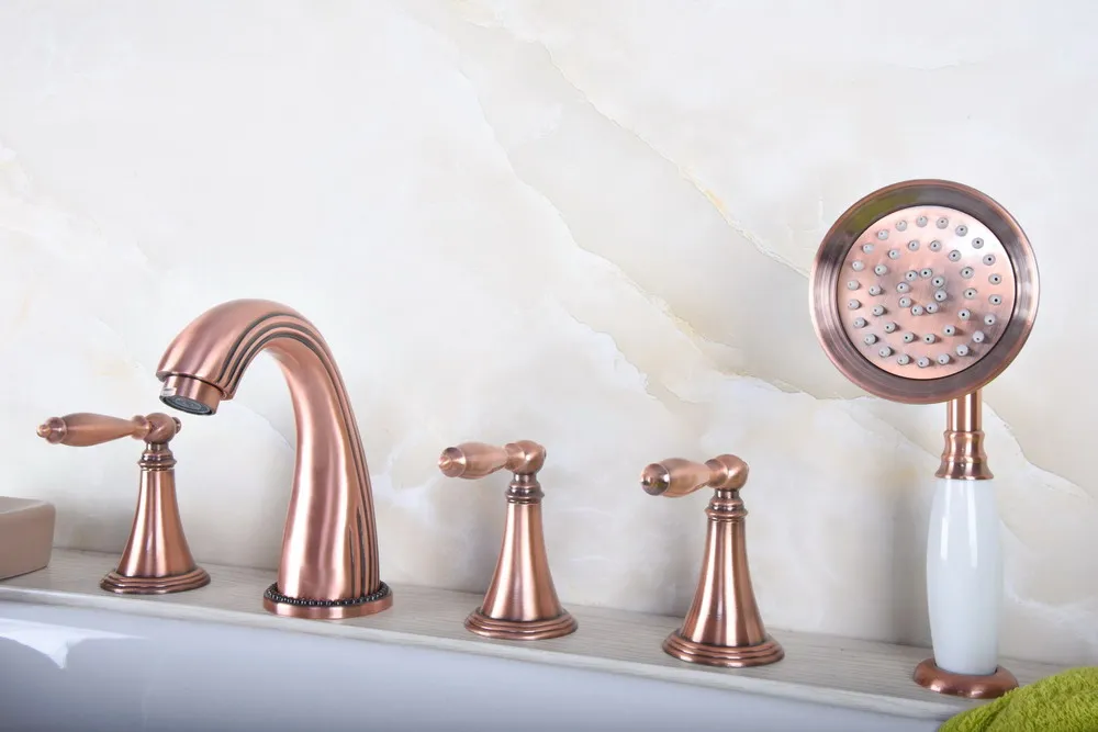 

Antique Red Copper Brass Widespread Three Handles Deck Mounted 5 Holes Bathroom Tub Faucet Mixer Tap With Handshower mtf197