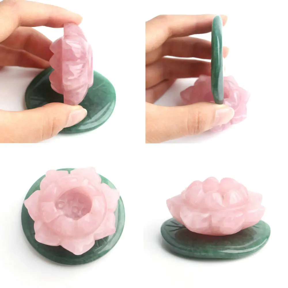 1 шт. милый ручной резной натуральный розовый кварц цветок лотоса и зеленый лист