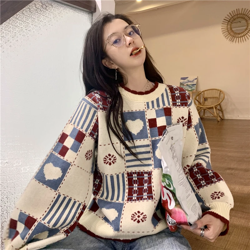 

Japanese puff sleeve retro plaid love heart stitching thick long-sleeved knitted sweater