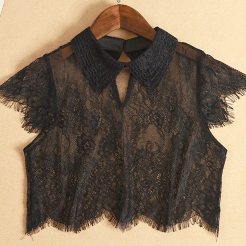 

Women Eyelash Floral Lace False Collar Cap Sleeves Sheer Lapel Half Shirt Dickey 50PF