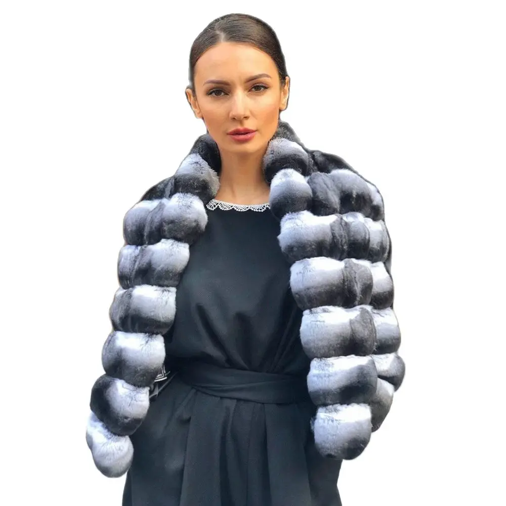 2022 Trendy Women Natural Rex Rabbit Fur Coat Stand Collar Winter Fashion Chinchilla Color Genuine Rex Rabbit Fur Jacket Outwear