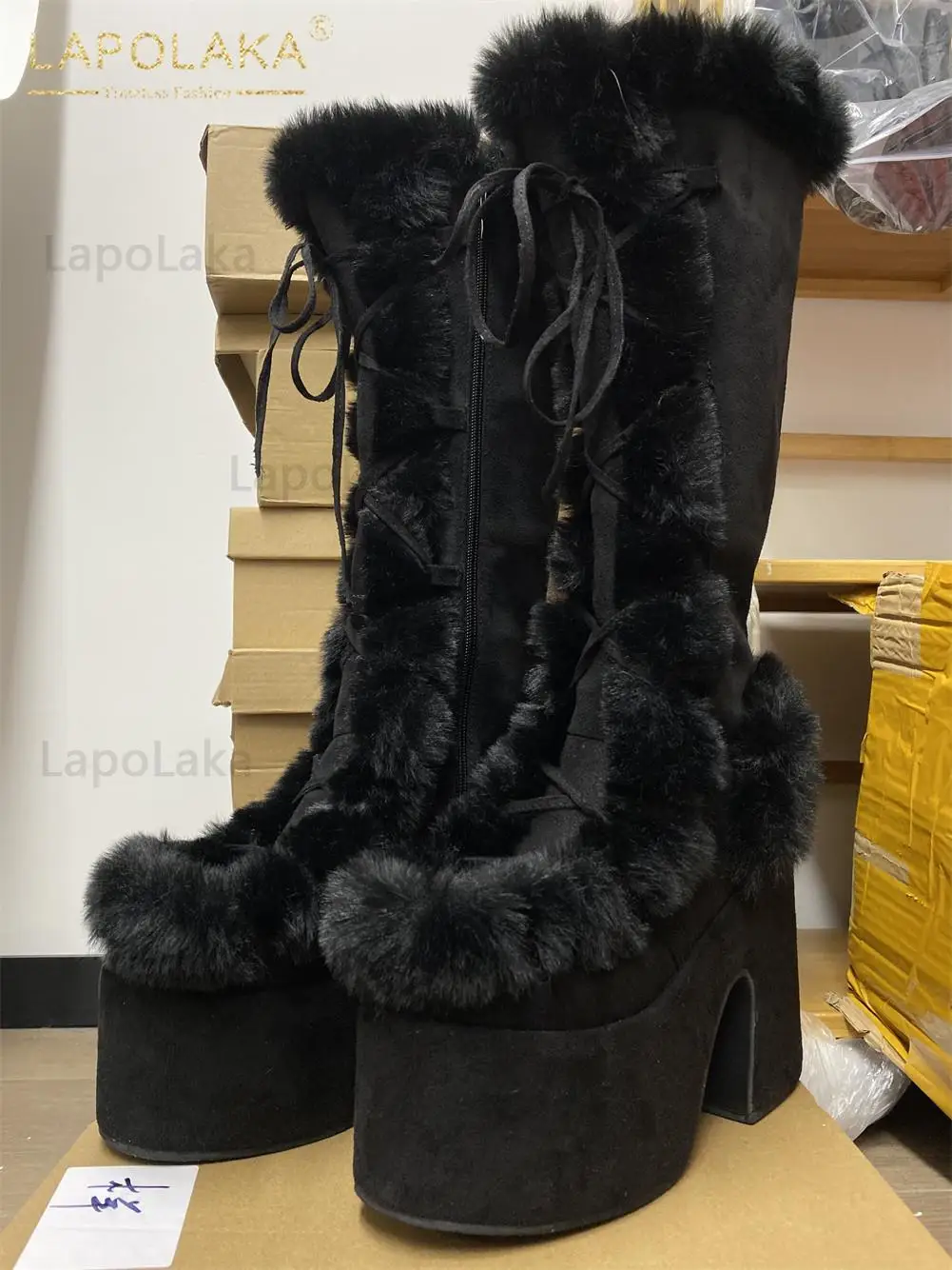 Lapolaka Fashion Women Boots Winter Comfy Warm Plush Flock Lace-Up Solid With Med Platform Winter Hot Sale Mid-Calf Women Boots