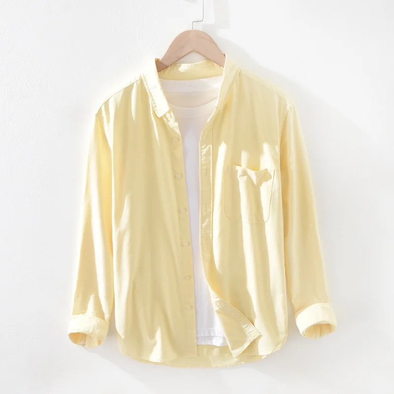 

Рубашка мужская из чистого хлопка, Повседневная блузка из ткани Оксфорд с длинным рукавом, топ, винтажная одежда, желтая осень