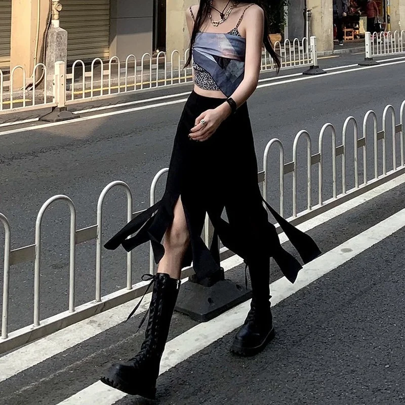 HOUZHOU Harajuku с открытыми плечами высокой талией макси юбки для женщин черные