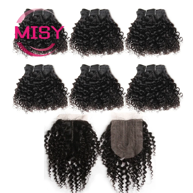 Mechones y extensiones de pelo rizado corto con cierre de encaje 4x1, productos de cabello Natural brasileño para mujer negra