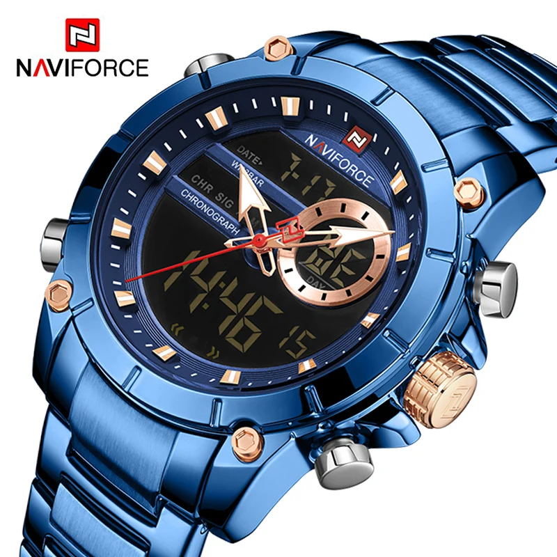 NAVIFORCE Luxury Sport Quartz Wrist watch Male Digital Analog Alarm Chronograph Watches for Men Stainless Steel Waterproof Clock