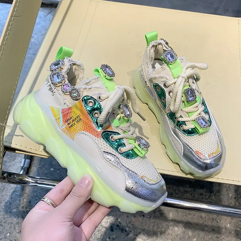 

2021 Fashion Rhinestone Summer Women Sneakers Brand Platform Sports Mesh Breathable Casual Shoes Chunky Vulcanize Shoes Woman