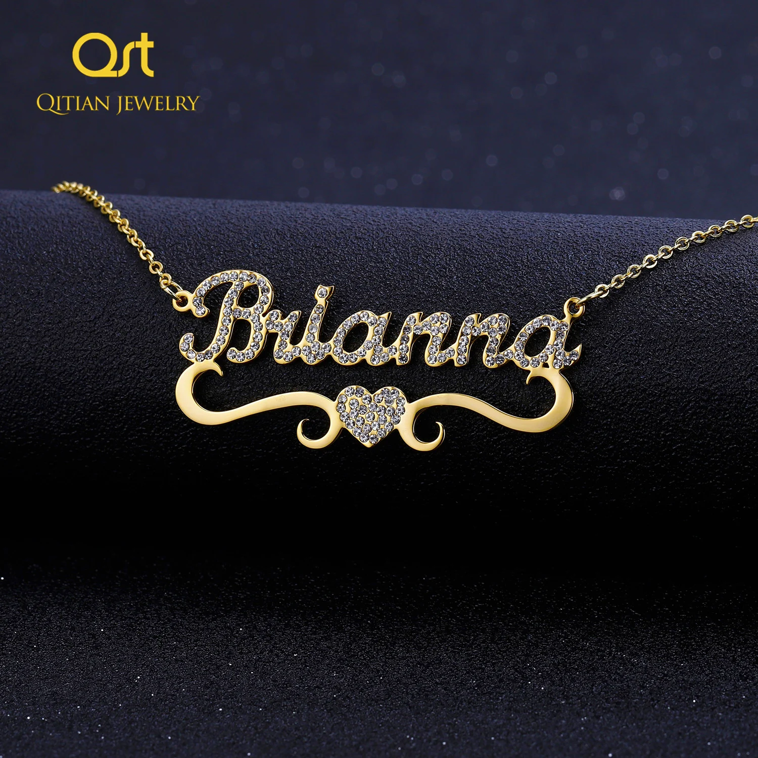 Collar de corazón con nombre personalizado para mujer, colgante dorado de acero inoxidable con BlingBling, collar personalizable